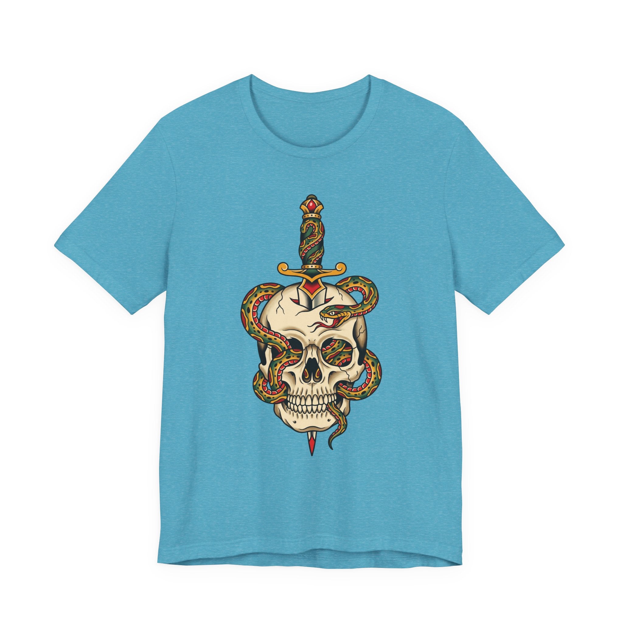 Heather aqua unisex T-shirt with snake skull and dagger front graphic