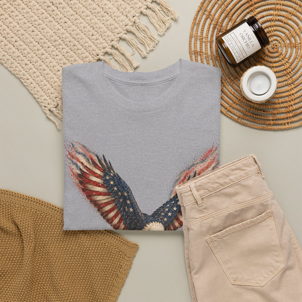 Heather gray crew-neck t-shirt with eagle wings and star-pattern print
