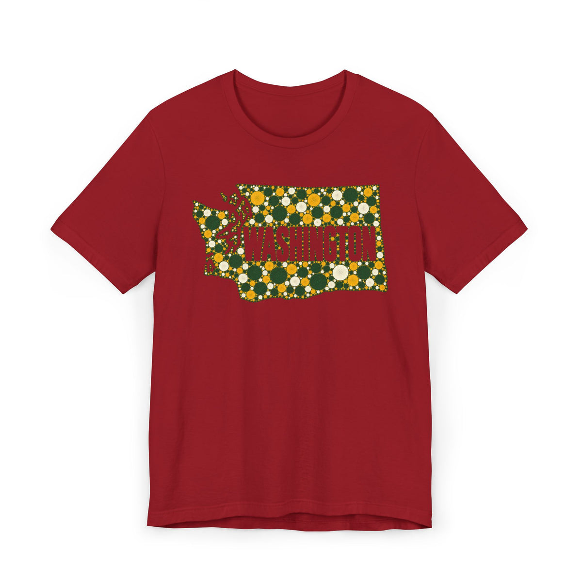 Red T-shirt with dotted Washington outline floral graphic in green and gold
