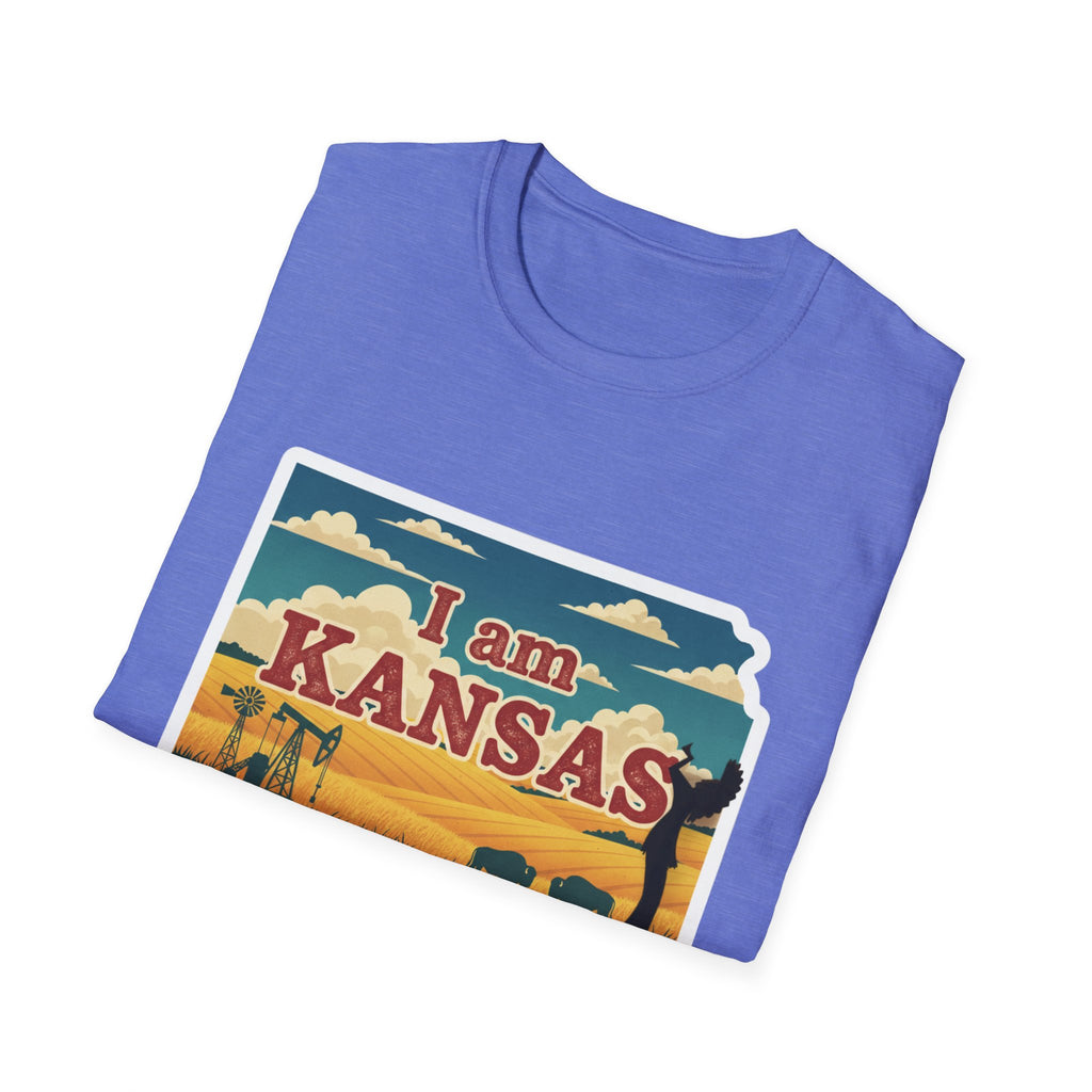 Heather purple T-shirt with “I am KANSAS” prairie scene graphic