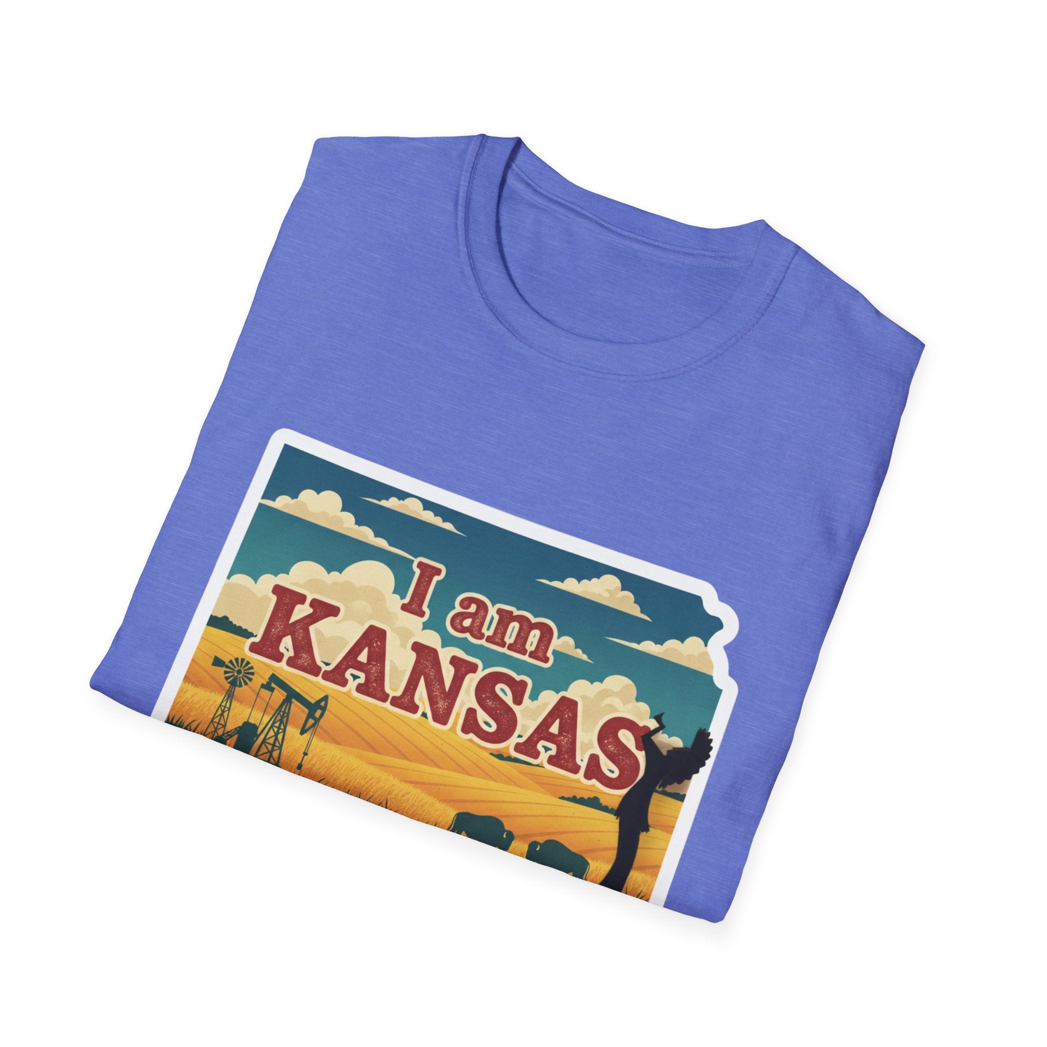 Heather purple T-shirt with “I am KANSAS” prairie scene graphic