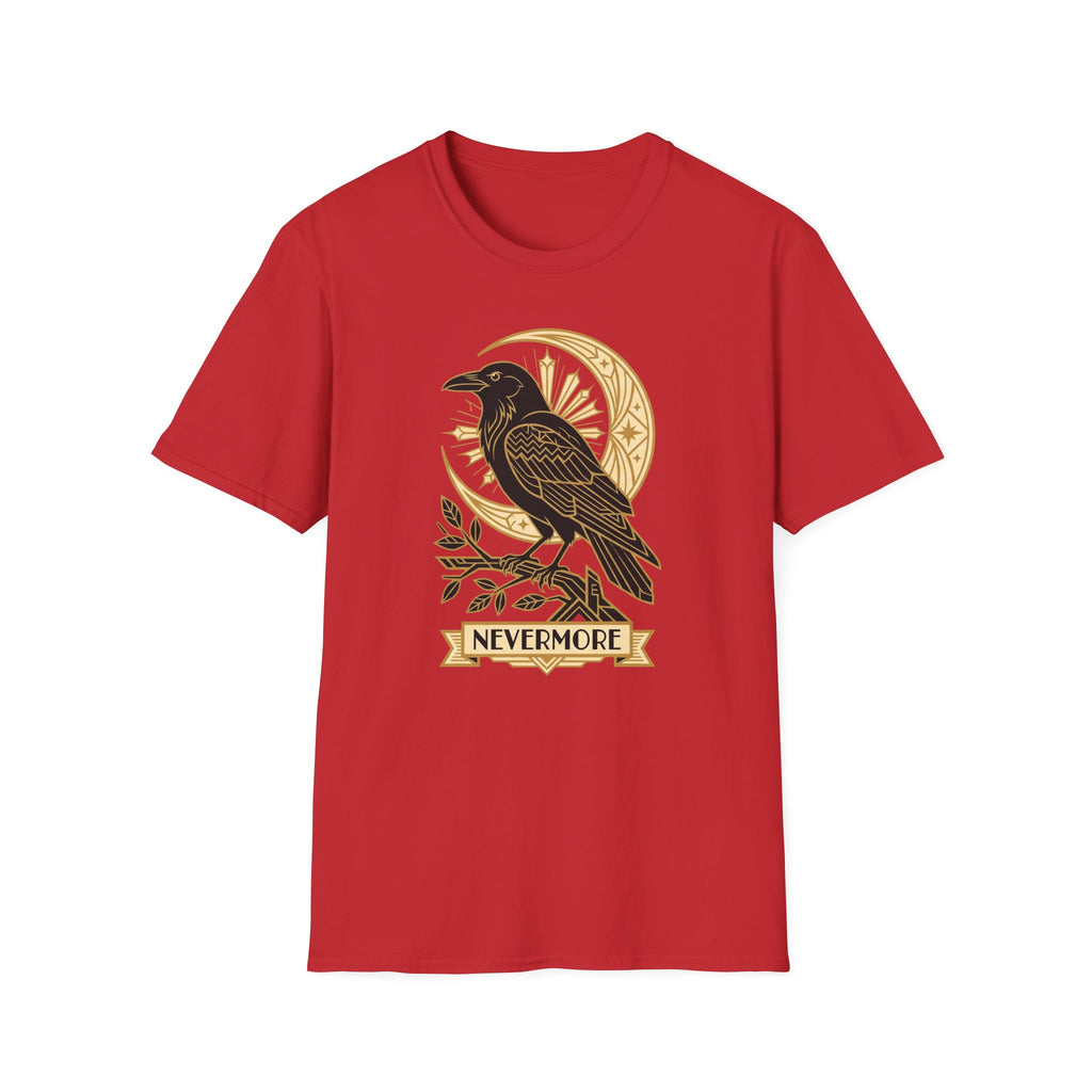Red crew-neck T-shirt with black raven and gold Nevermore crest