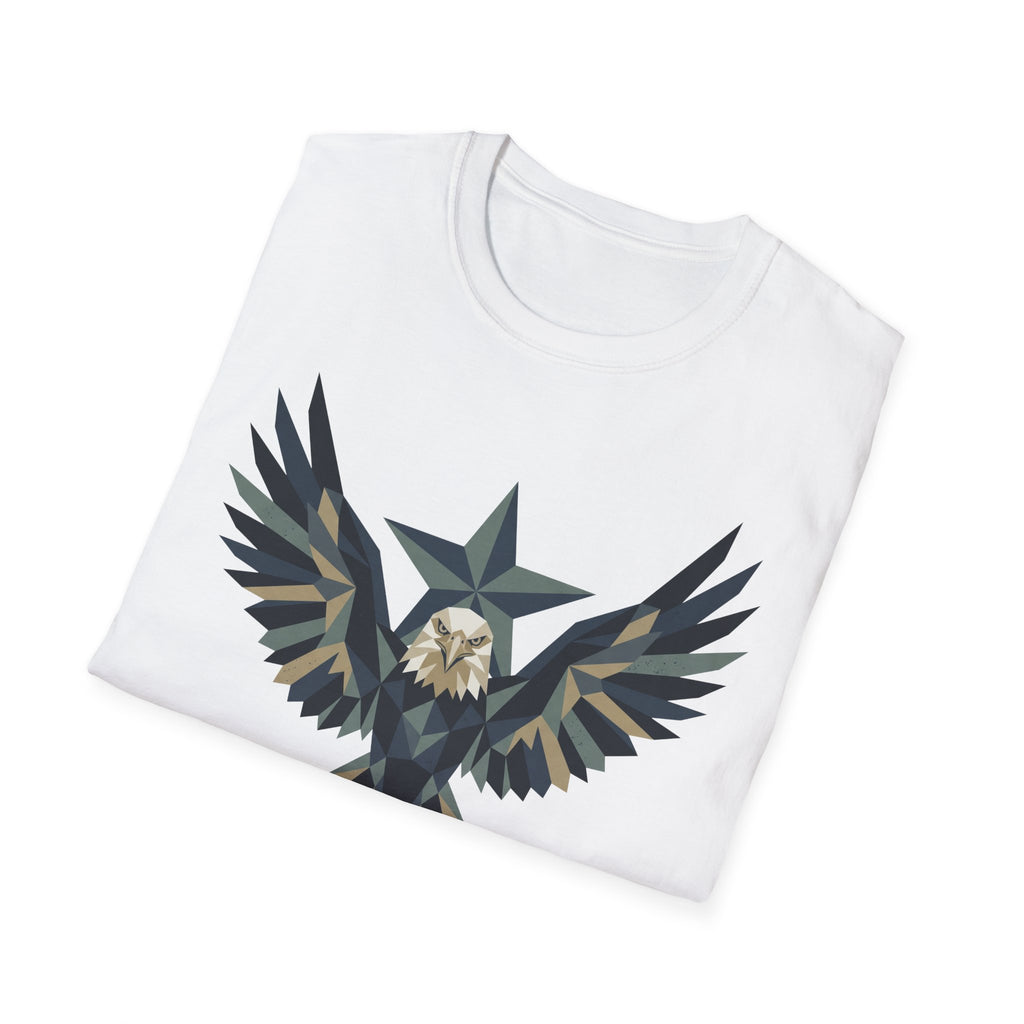 White crew-neck t-shirt with geometric eagle star graphic in dark tones