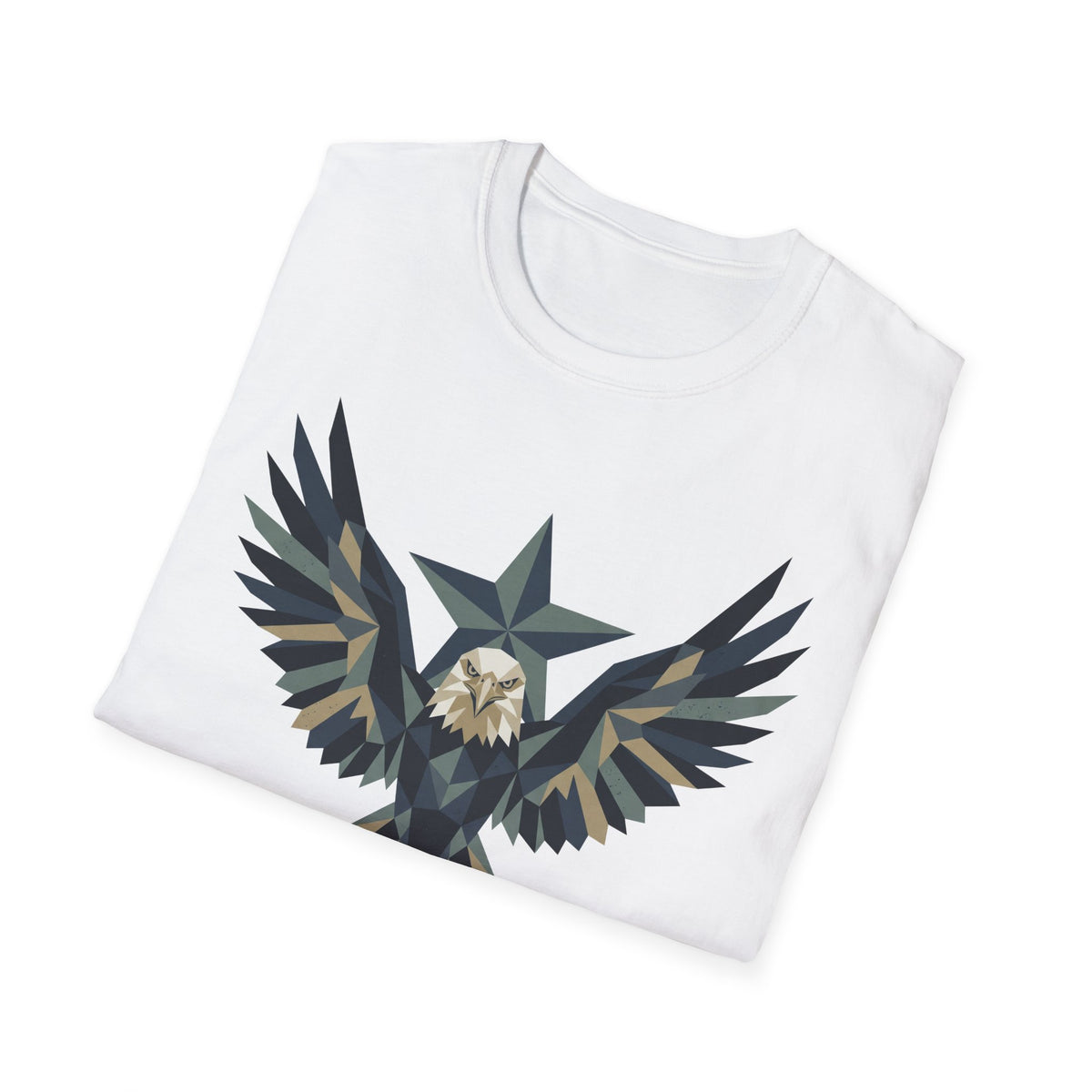 White crew-neck t-shirt with geometric eagle star graphic in dark tones