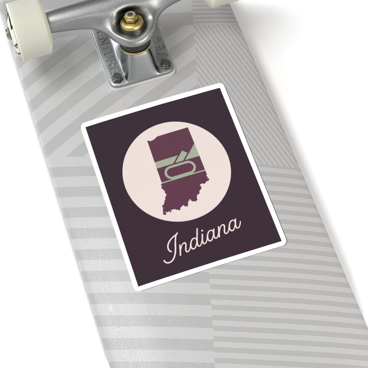 Square vinyl decal with Indiana state silhouette in white circle and “Indiana” script on mauve