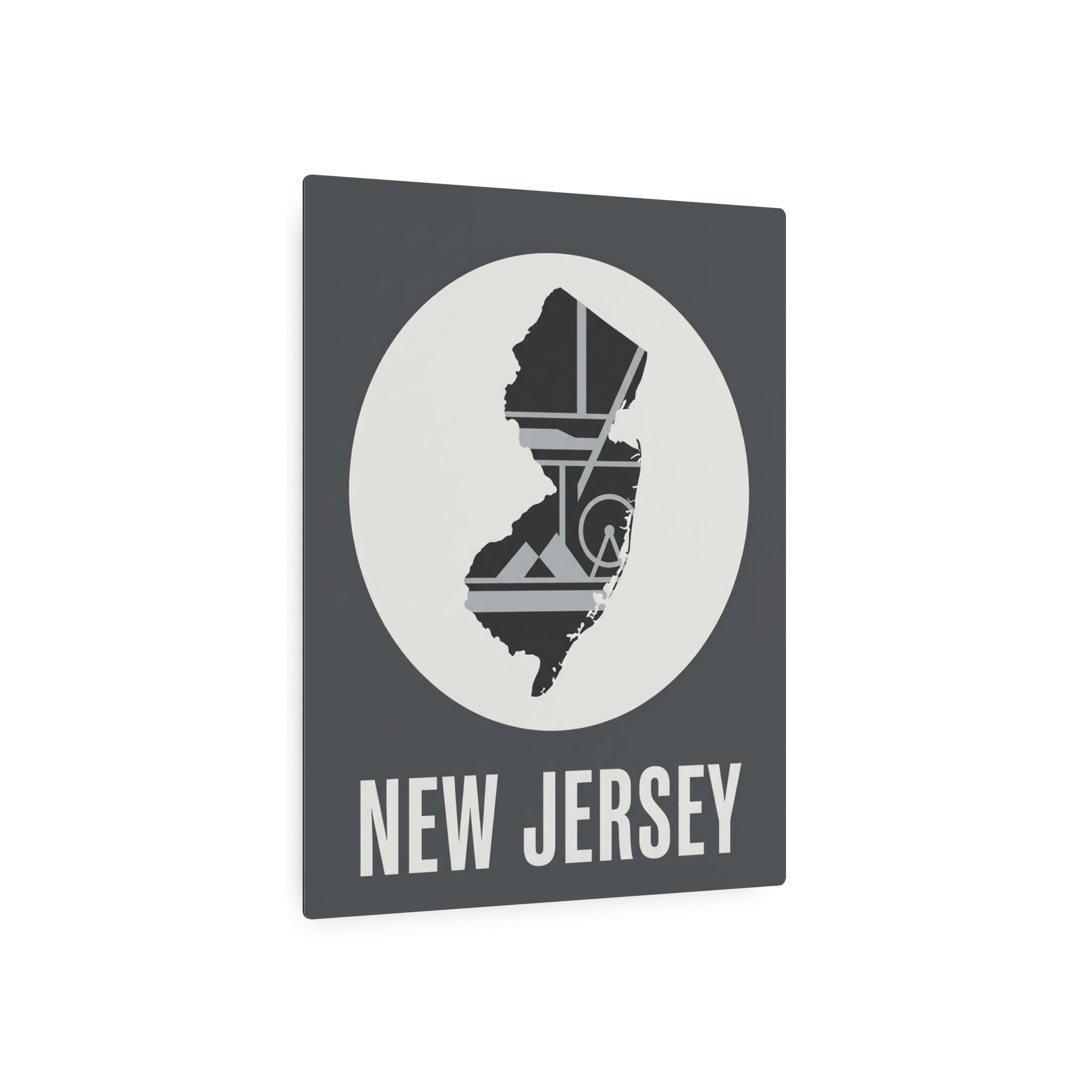 New Jersey metal wall art sign, dark background with white circle and 'NEW JERSEY' text