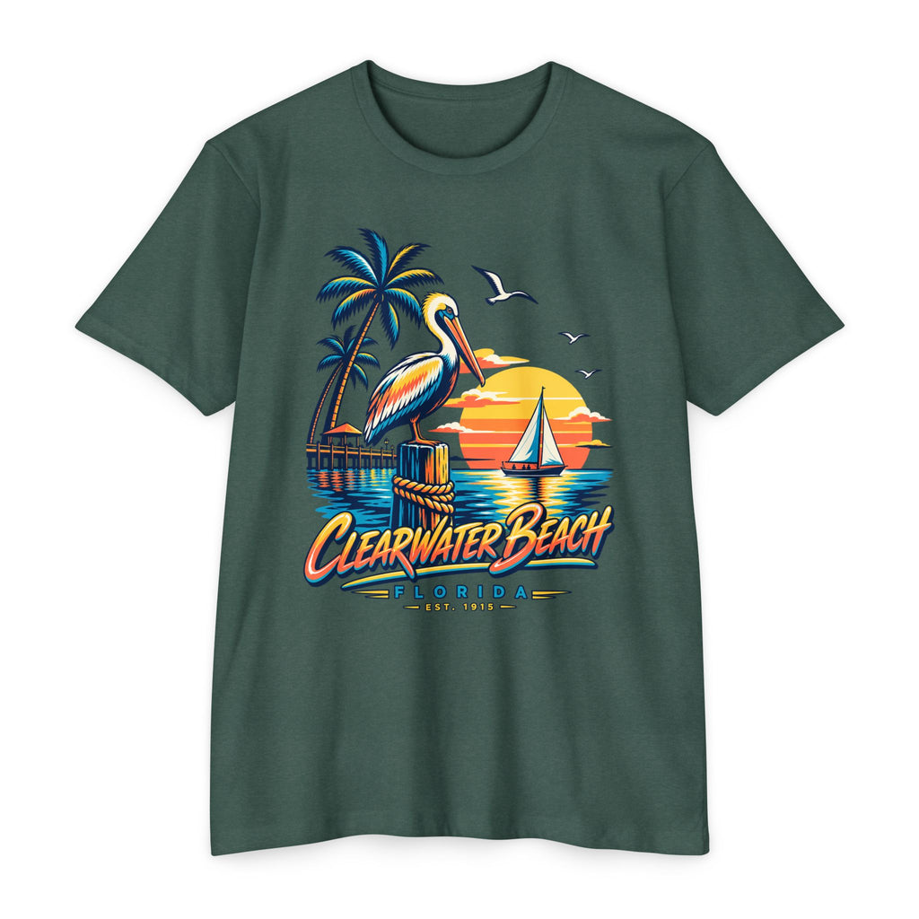 Dark green crew-neck t-shirt with pelican, palm, sailboat sunset and Clearwater Beach graphic