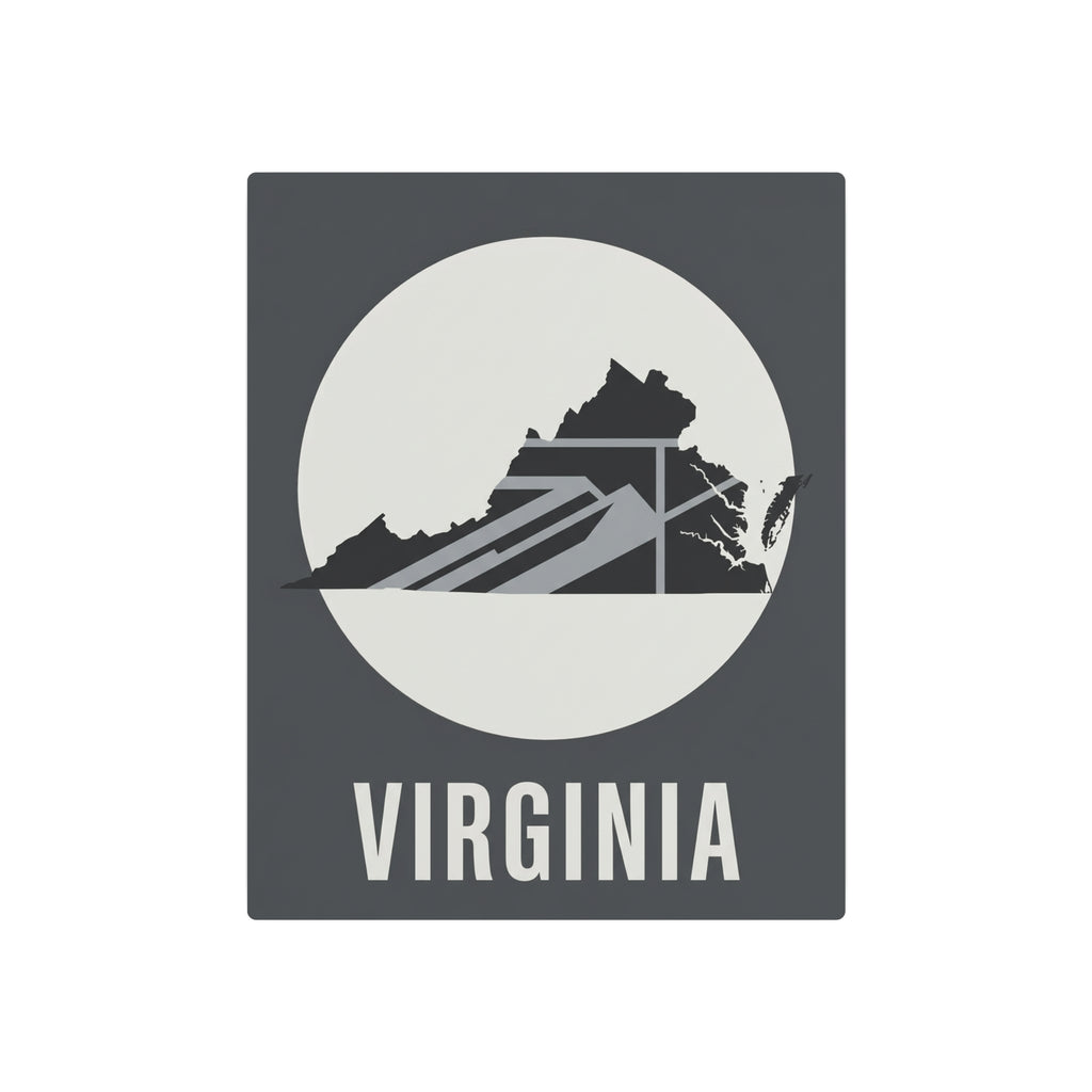 Virginia metal wall art: circular mountainscape silhouette on dark gray square with 'VIRGINIA' text