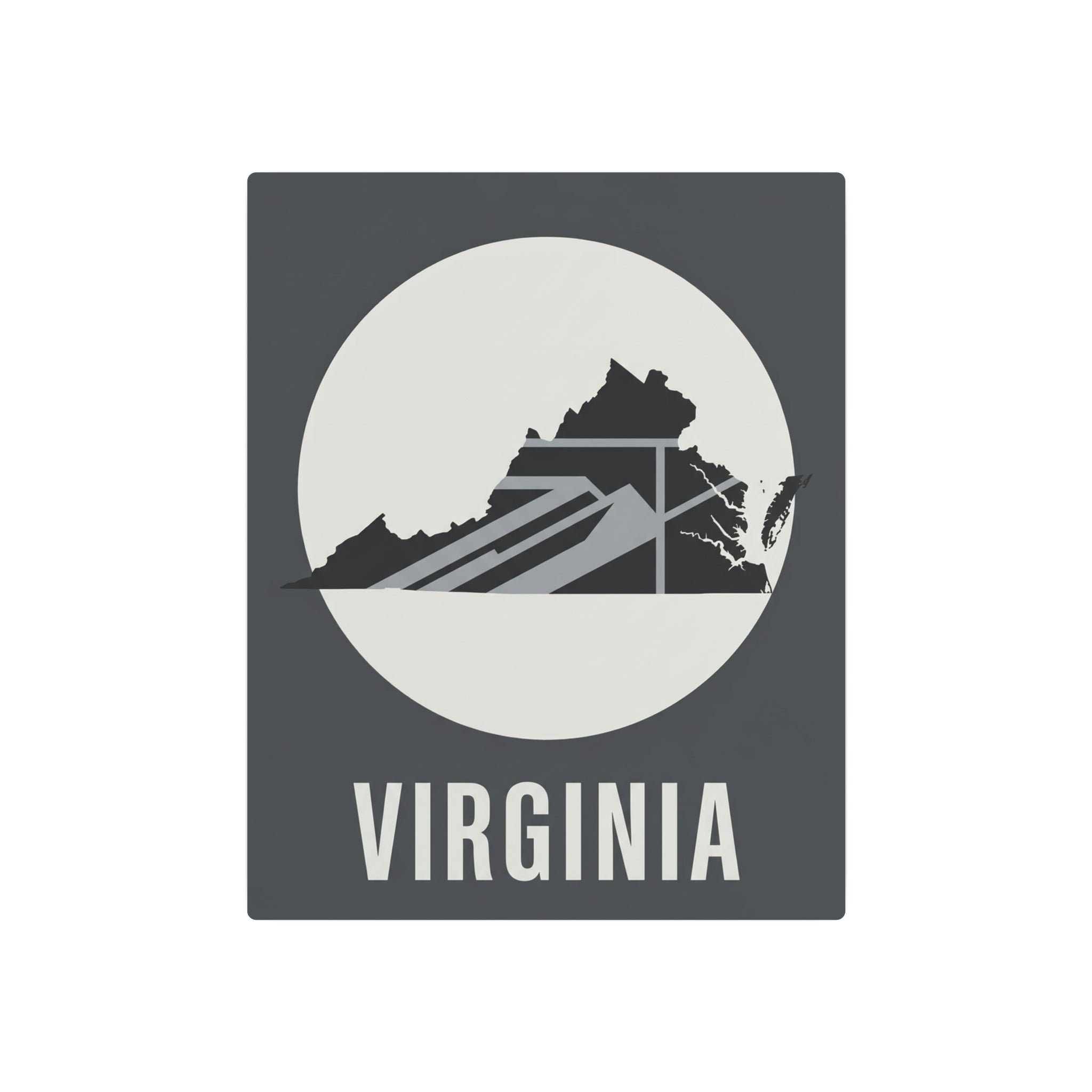 Virginia metal wall art: circular mountainscape silhouette on dark gray square with 'VIRGINIA' text