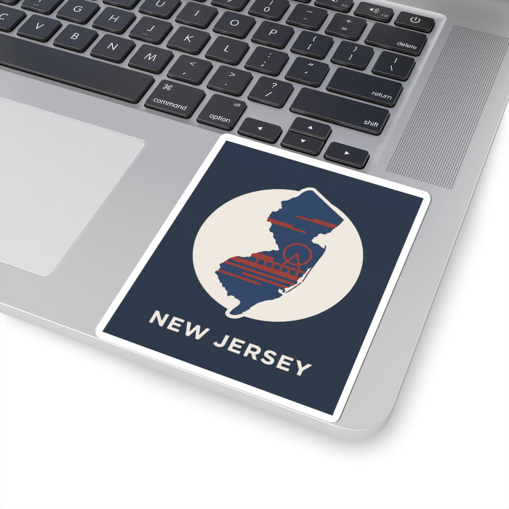 NJ map kiss-cut sticker with navy badge, white circle, red-blue stripes, and 'NEW JERSEY' text