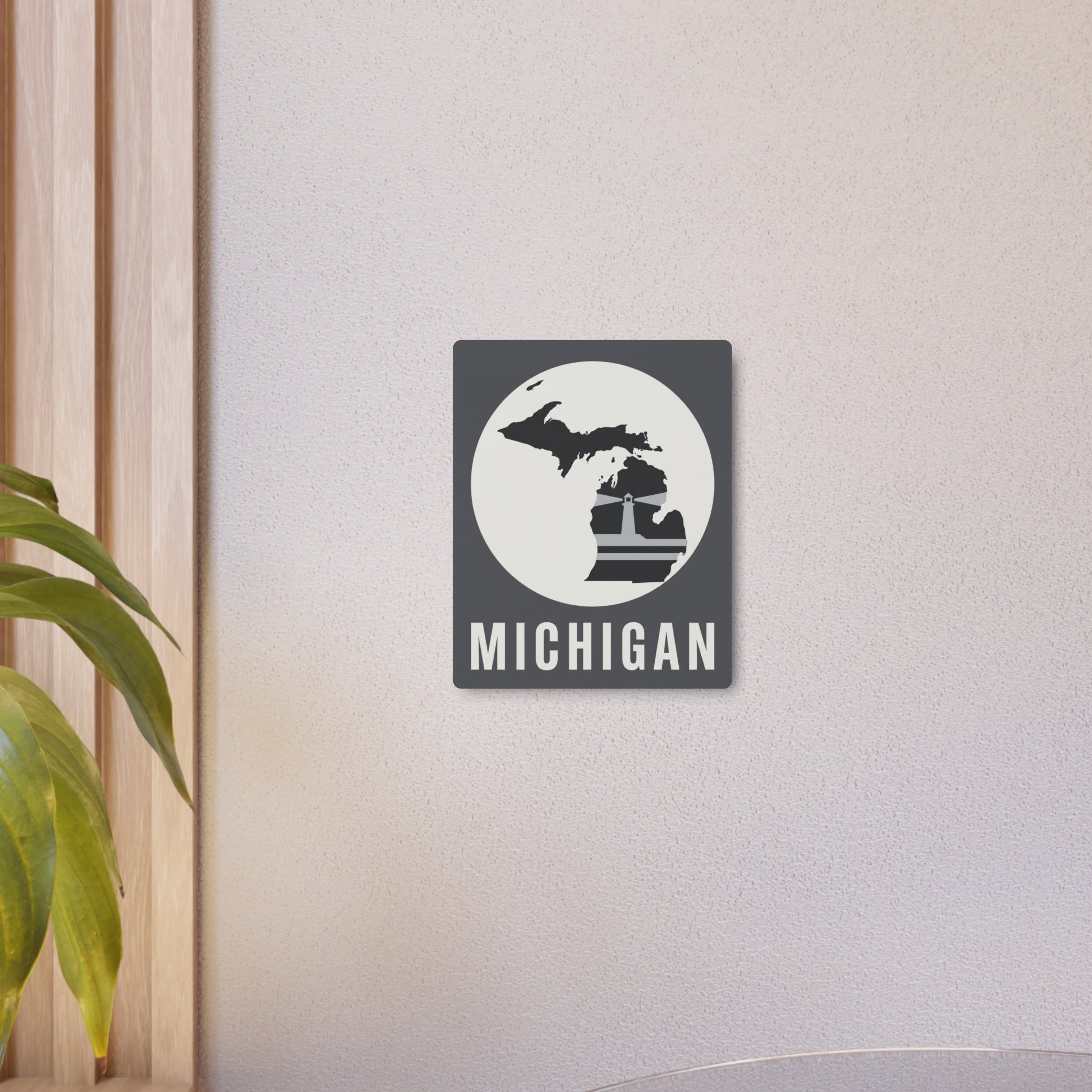 Small square metal wall sign with Michigan circle map logo and MICHIGAN text