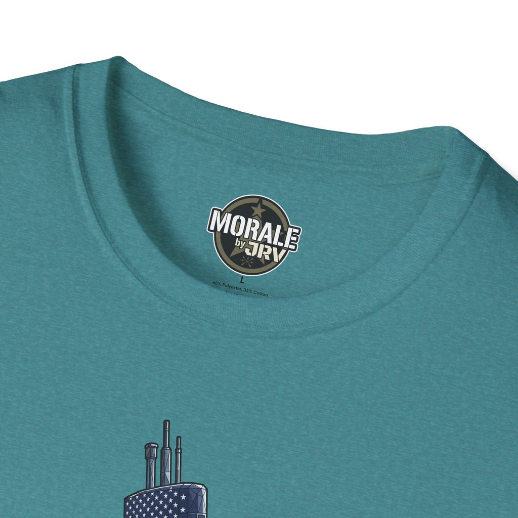 Silent Service T‑shirt in teal, “MORALE by JRIV” neck label