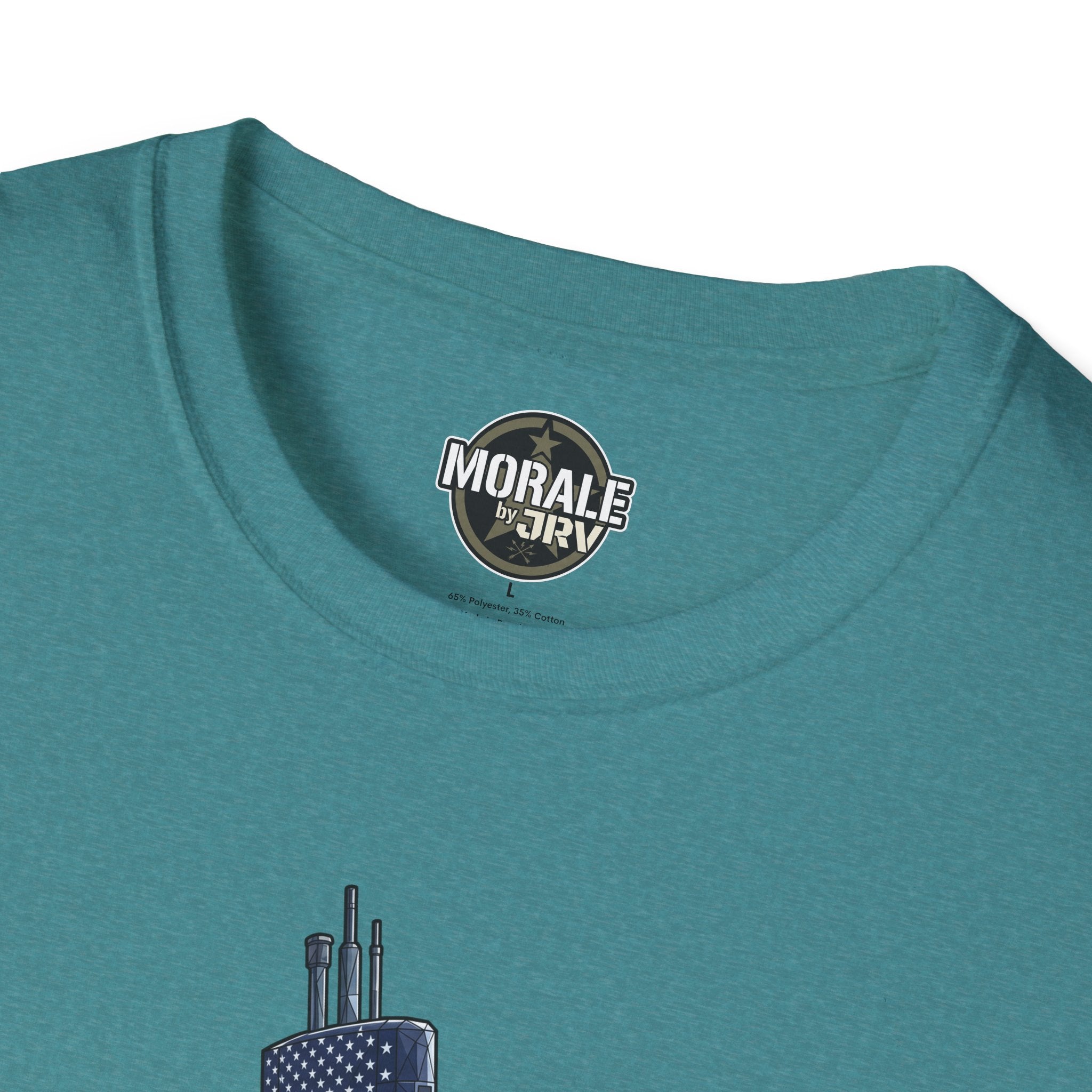 Silent Service T‑shirt in teal, “MORALE by JRIV” neck label