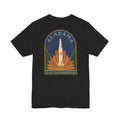 Black T-shirt with Alabama rocket emblem graphic centered on back