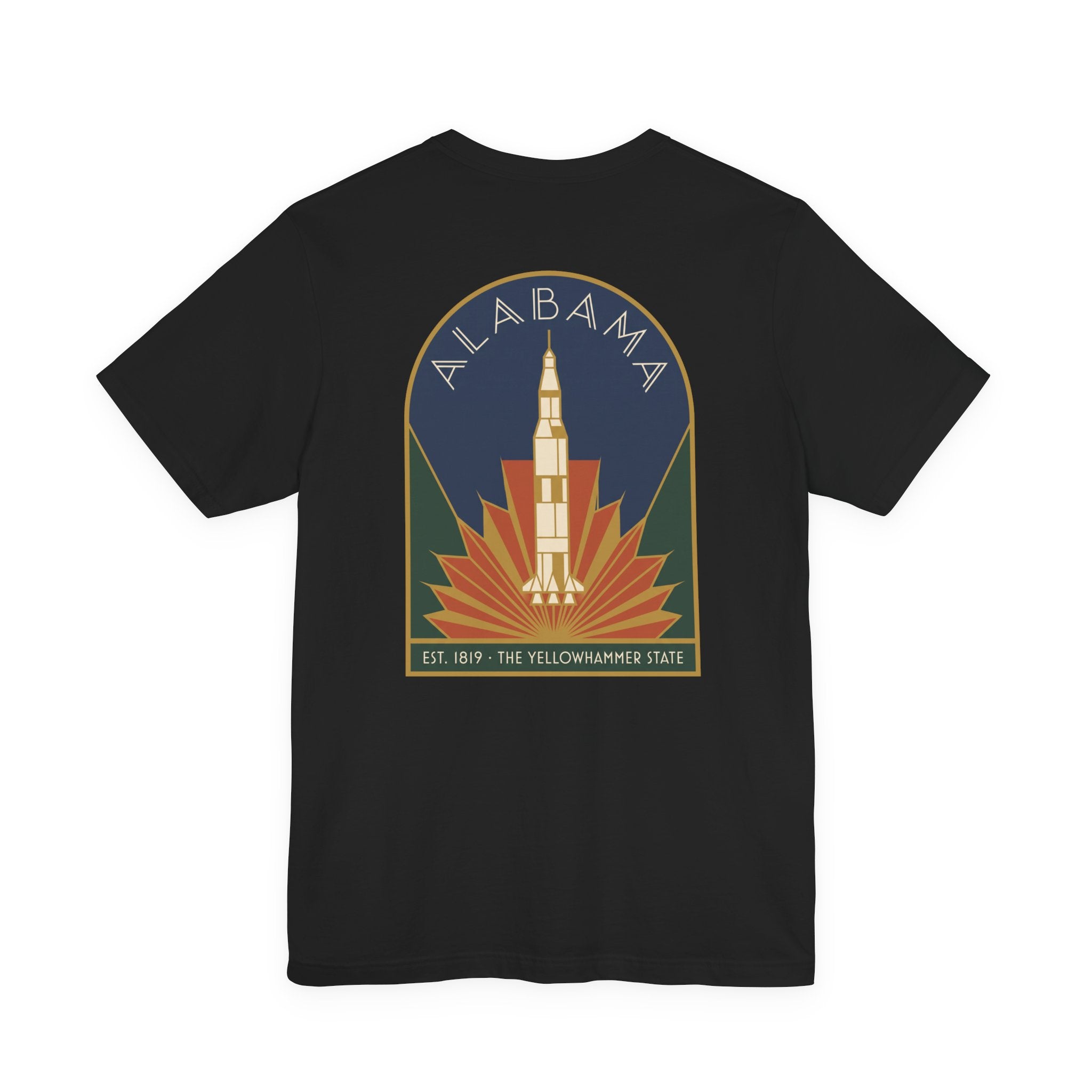 Black T-shirt with Alabama rocket emblem graphic centered on back