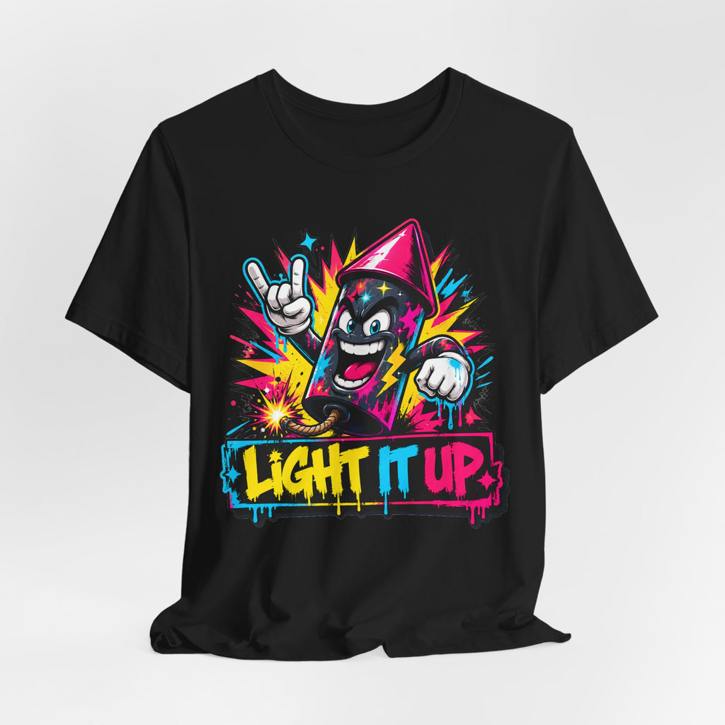 Black crewneck T-shirt featuring colorful cat with “Light it up” graffiti text