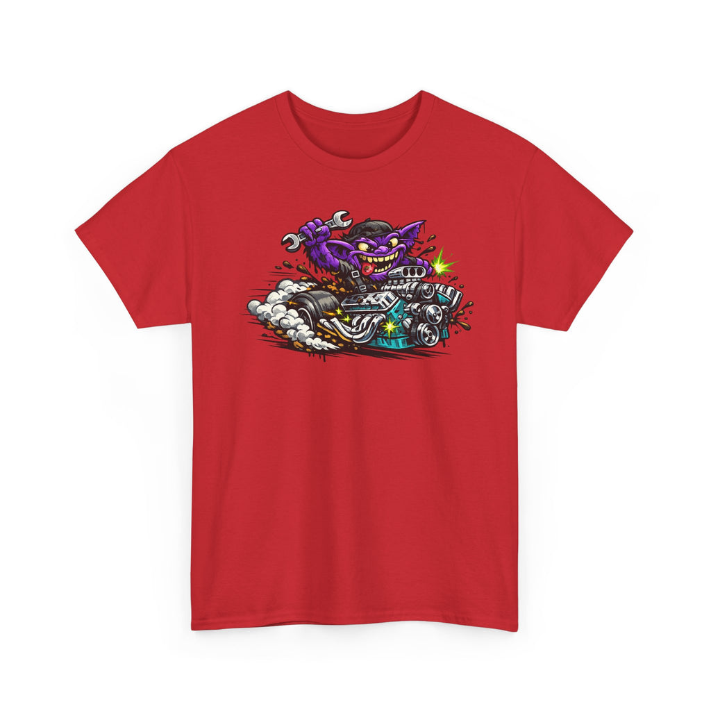 Red crew-neck T-shirt with grinning purple cat on motorcycle graphic