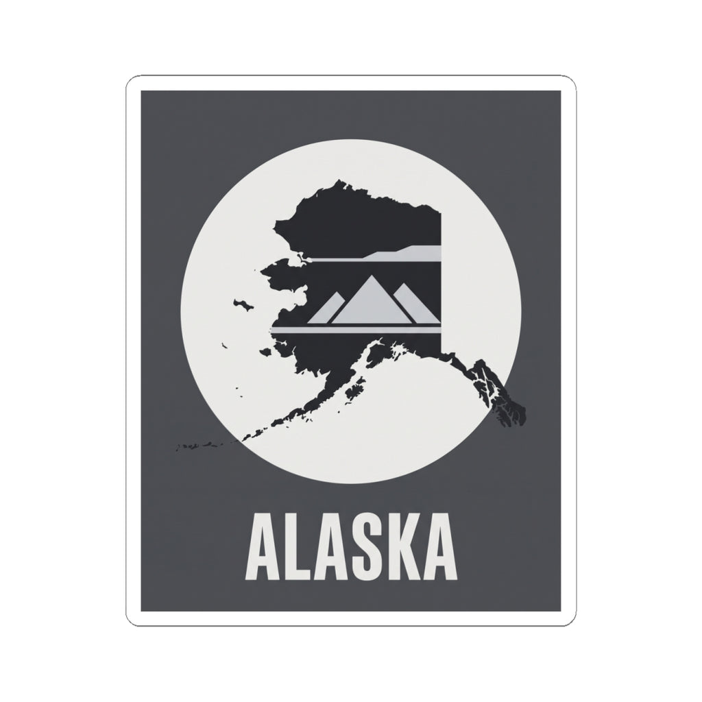Square Alaska map mountain silhouette vinyl sticker with “ALASKA” text, dark gray and white.