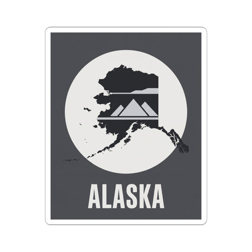 Square Alaska map mountain silhouette vinyl sticker with “ALASKA” text, dark gray and white.