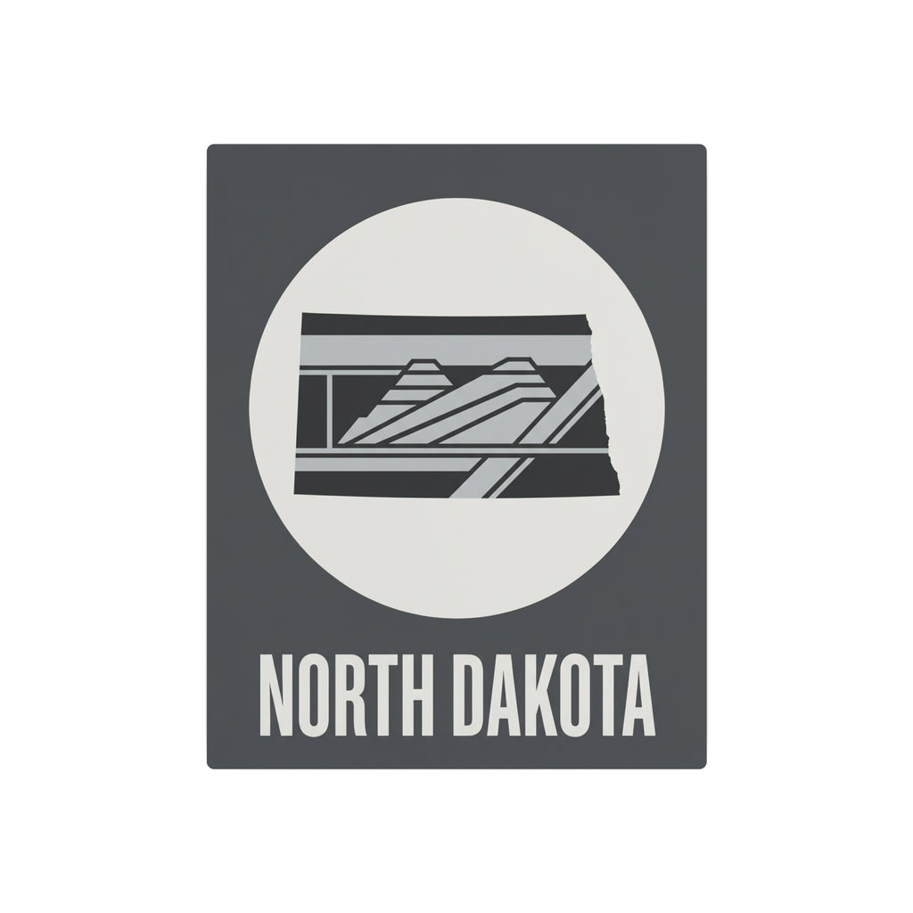 Dark gray metal wall sign featuring white circle landscape stripes and “NORTH DAKOTA” text