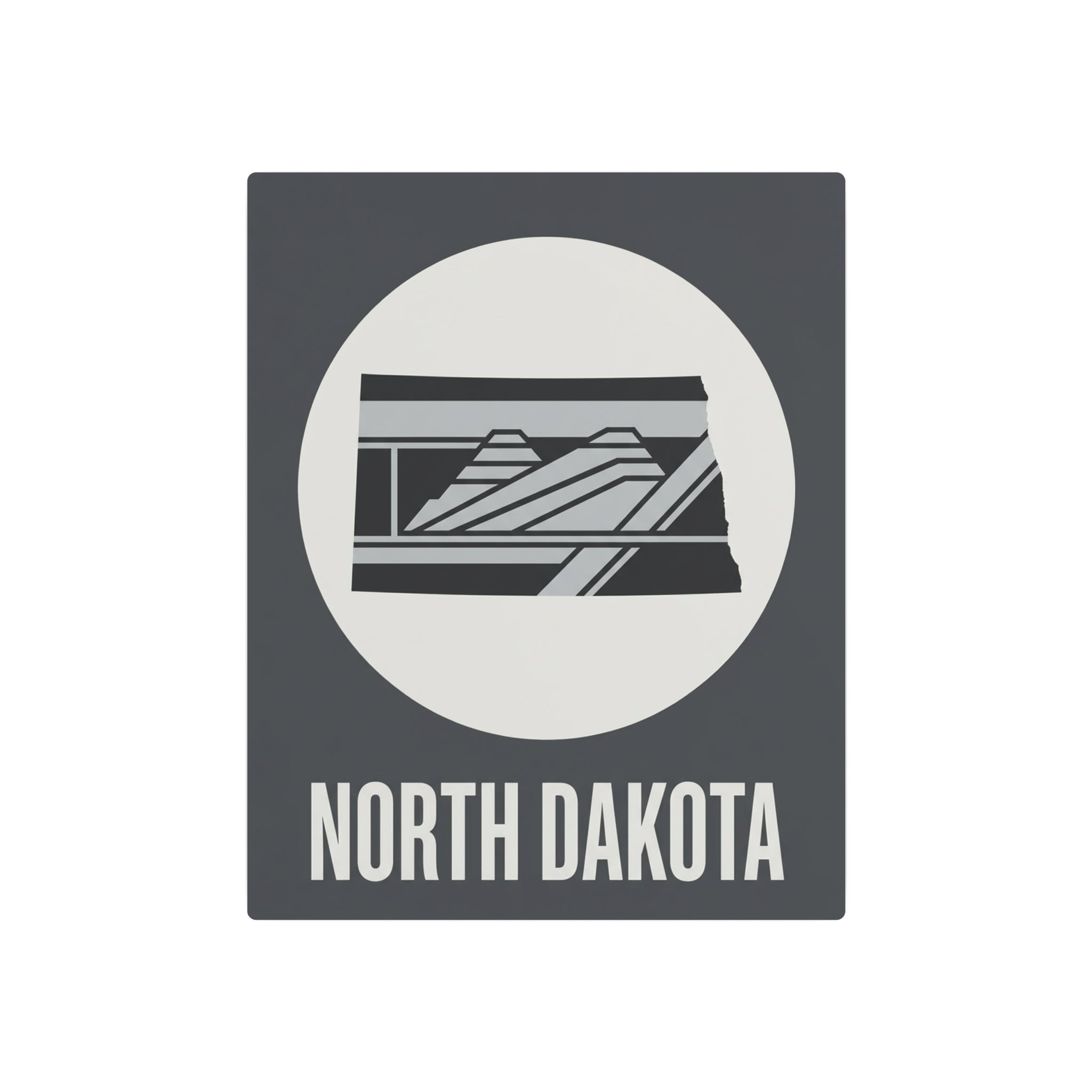 Dark gray metal wall sign featuring white circle landscape stripes and “NORTH DAKOTA” text