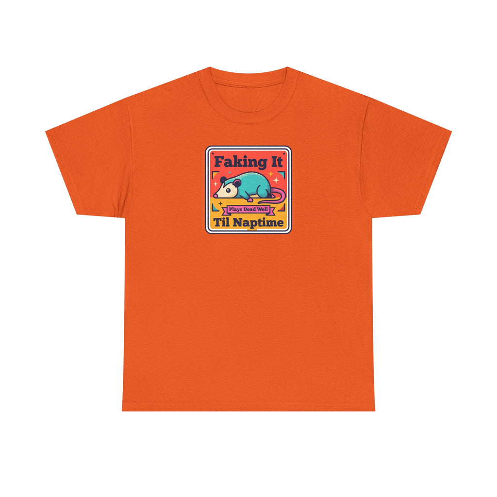Burnt orange T-shirt with framed “Faking It Til Naptime” sleepy panda graphic