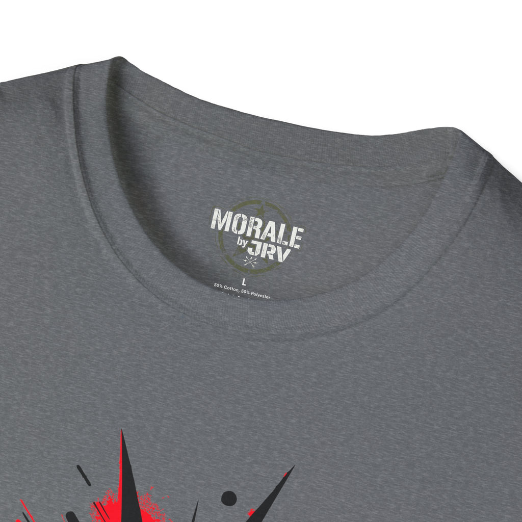 Dark gray crewneck collar with white logo text and partial red graphic