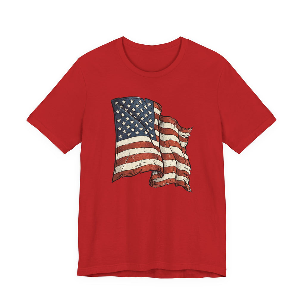 Red T-shirt with vintage American flag waving graphic on the chest
