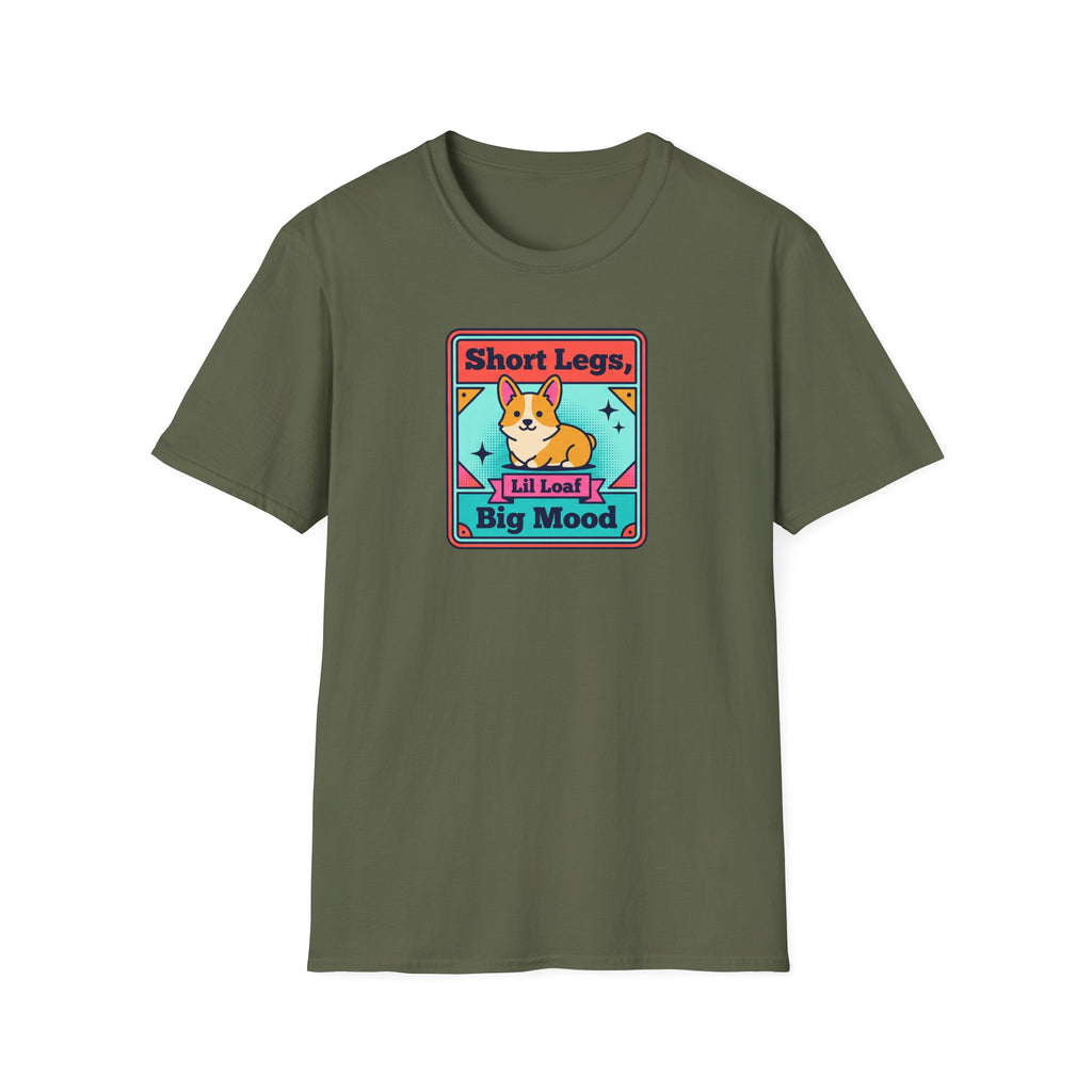 Olive crewneck T-shirt with framed corgi graphic on center chest