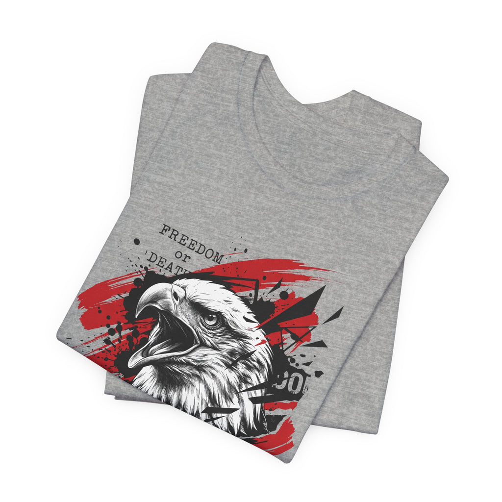 Gray crewneck t-shirt with red splatter eagle head and slogan graphic