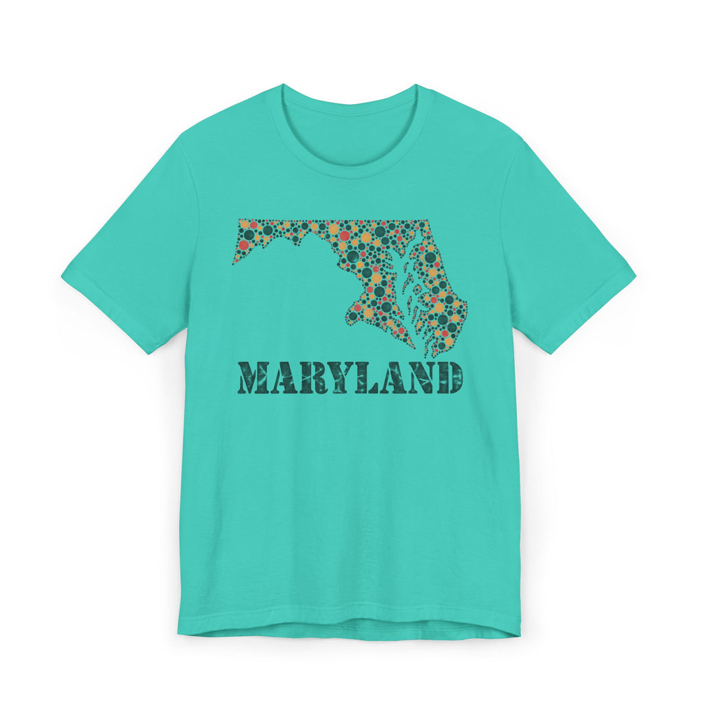 Turquoise Maryland floral map graphic T-shirt with dotted map and 'MARYLAND' lettering