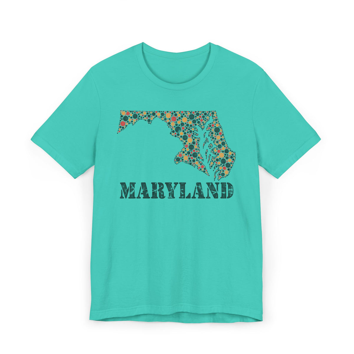 Turquoise Maryland floral map graphic T-shirt with dotted map and 'MARYLAND' lettering