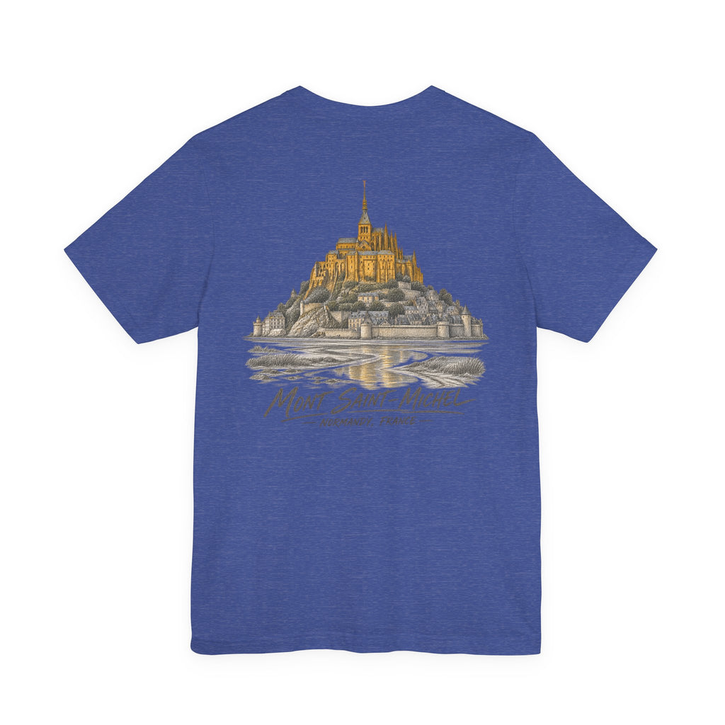 Dark blue T-shirt with castle artwork across the back and text logo print