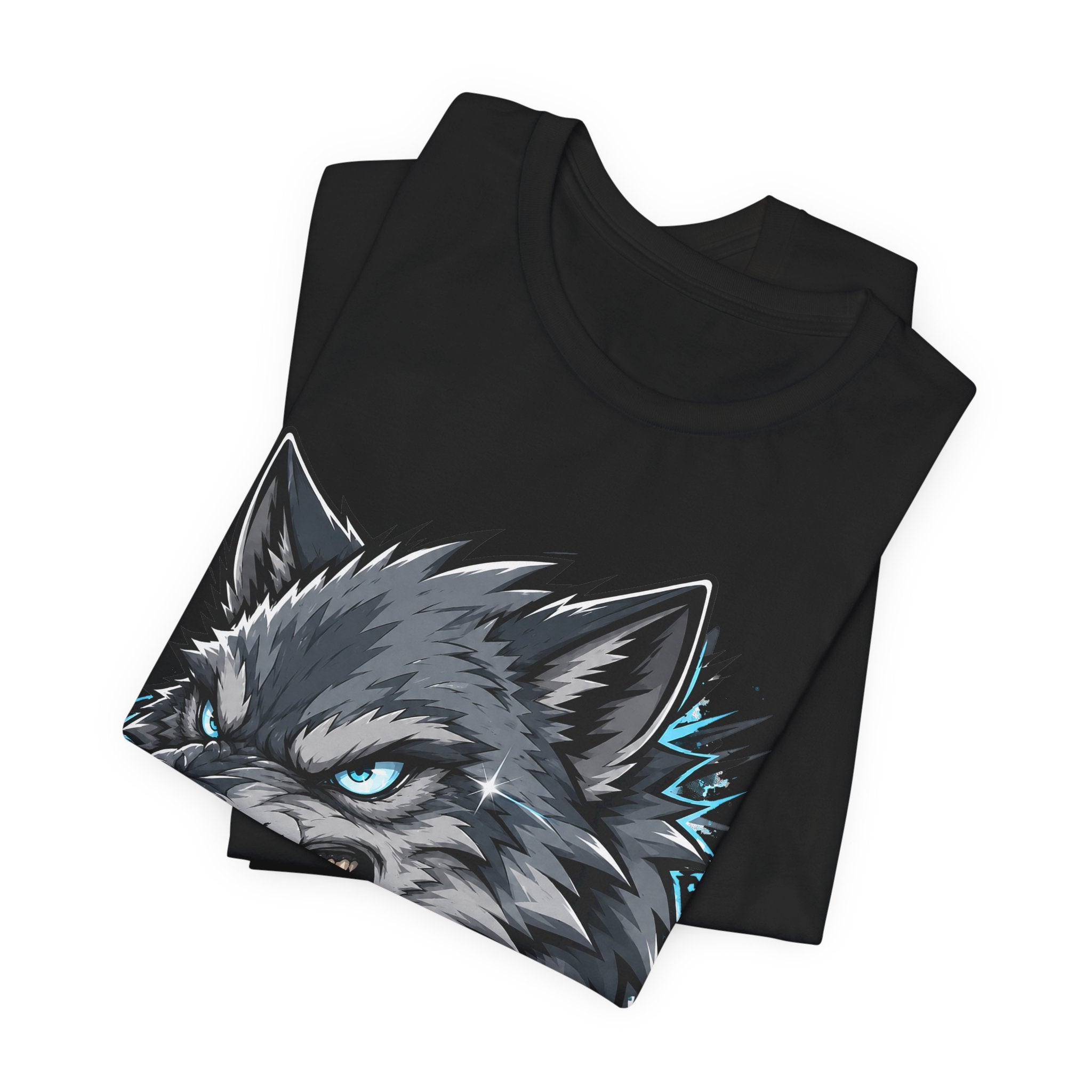 Black wolf head graphic t-shirt with snarling wolf face and teal eye highlights