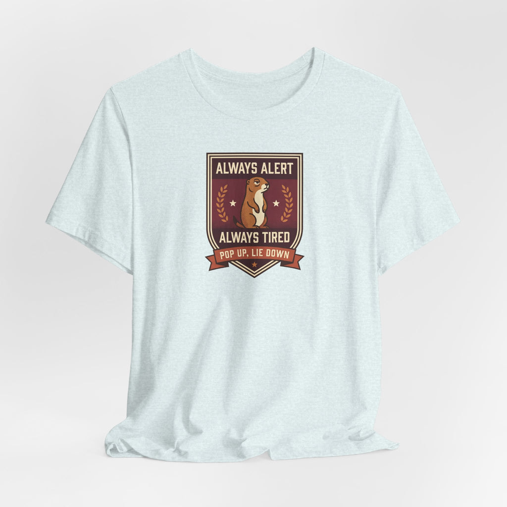 Light blue crew-neck t-shirt with squirrel crest emblem and banner text graphic