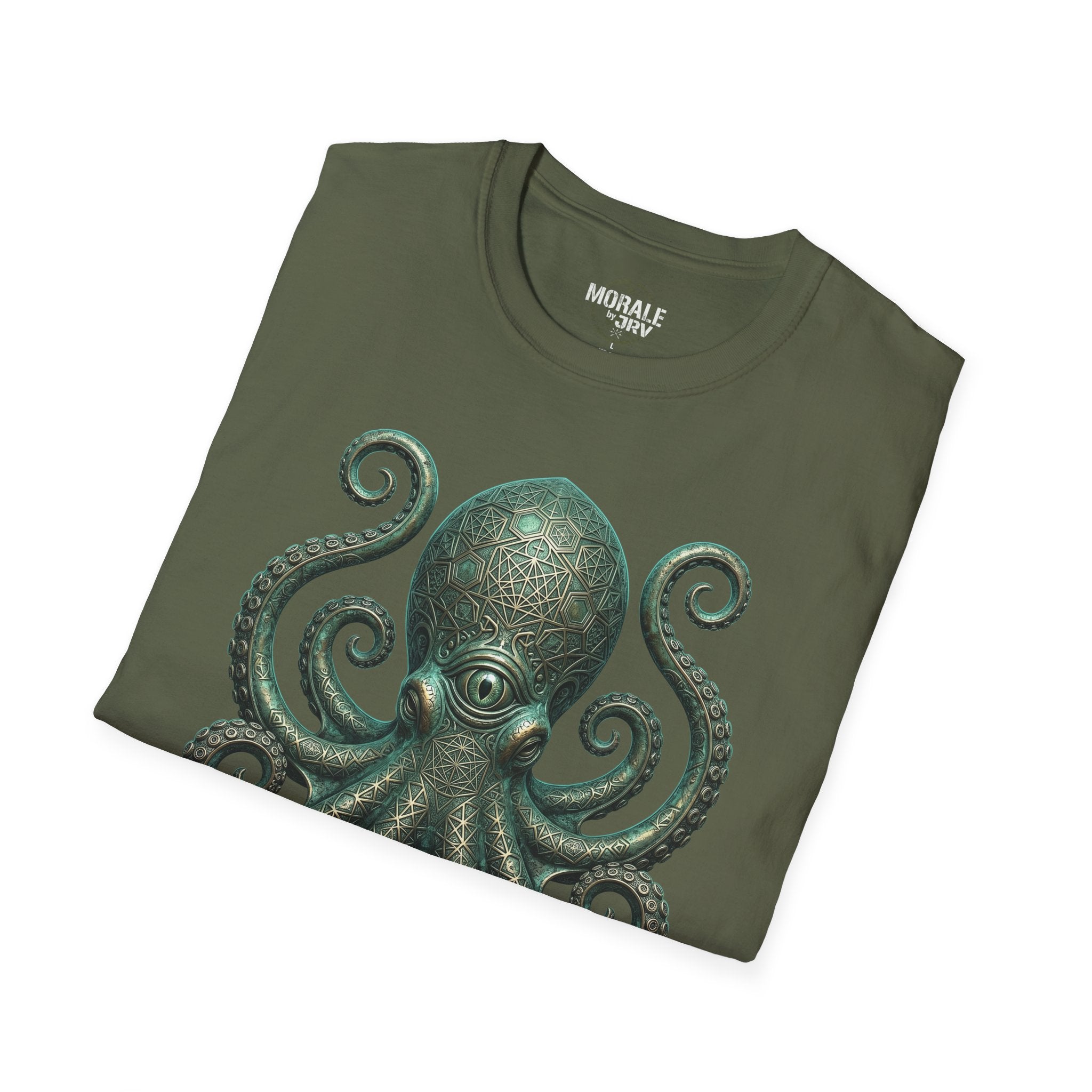 Olive green T-shirt with teal octopus/kraken geometric illustration on chest