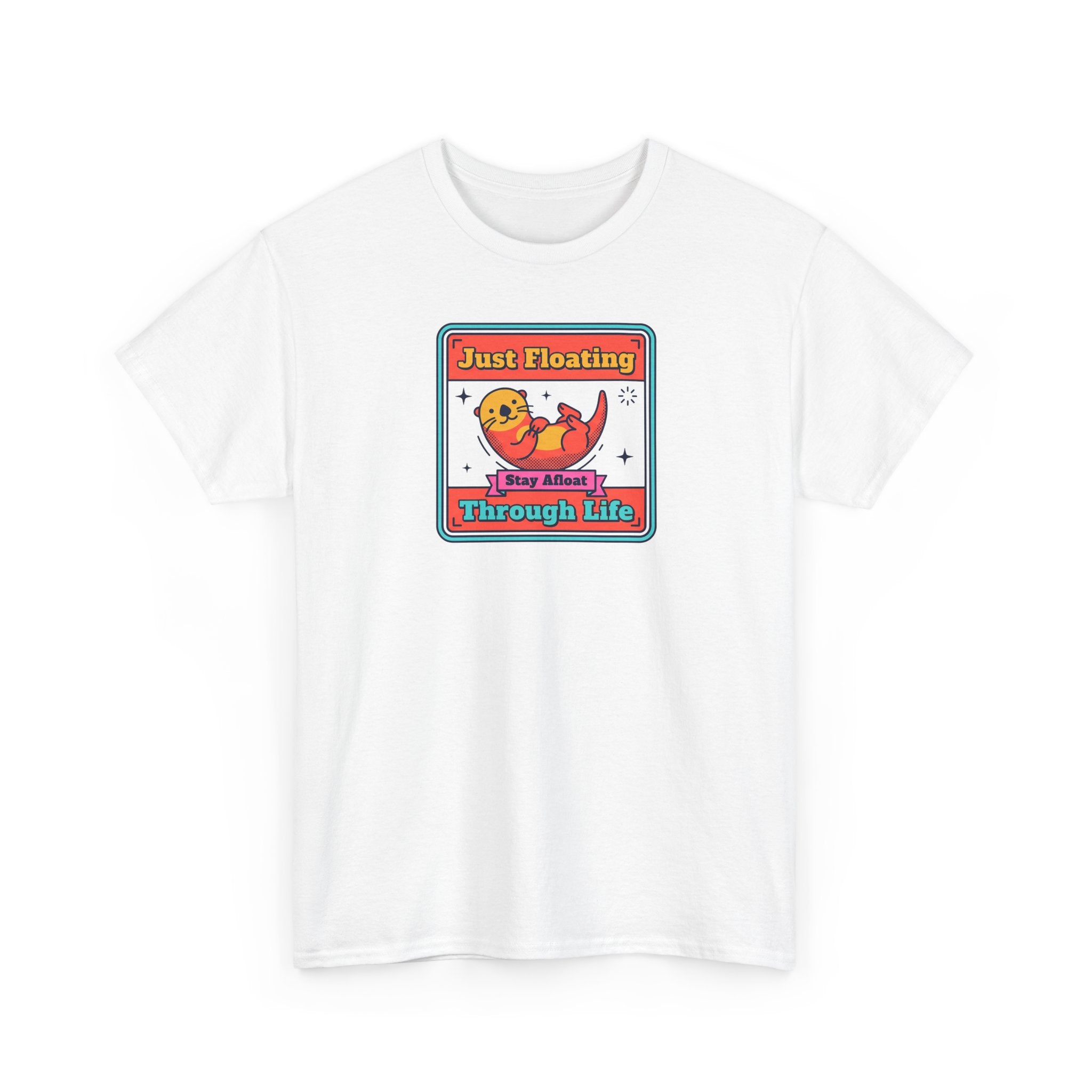 White crewneck t-shirt with colorful otter graphic and badge-style text