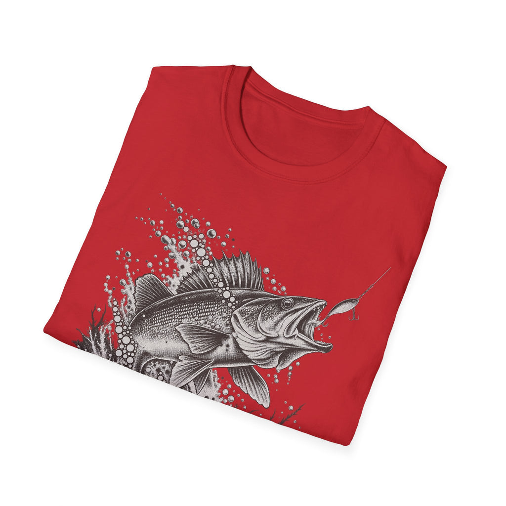 Red crew-neck fishing T-shirt with leaping walleye graphic in gray and white
