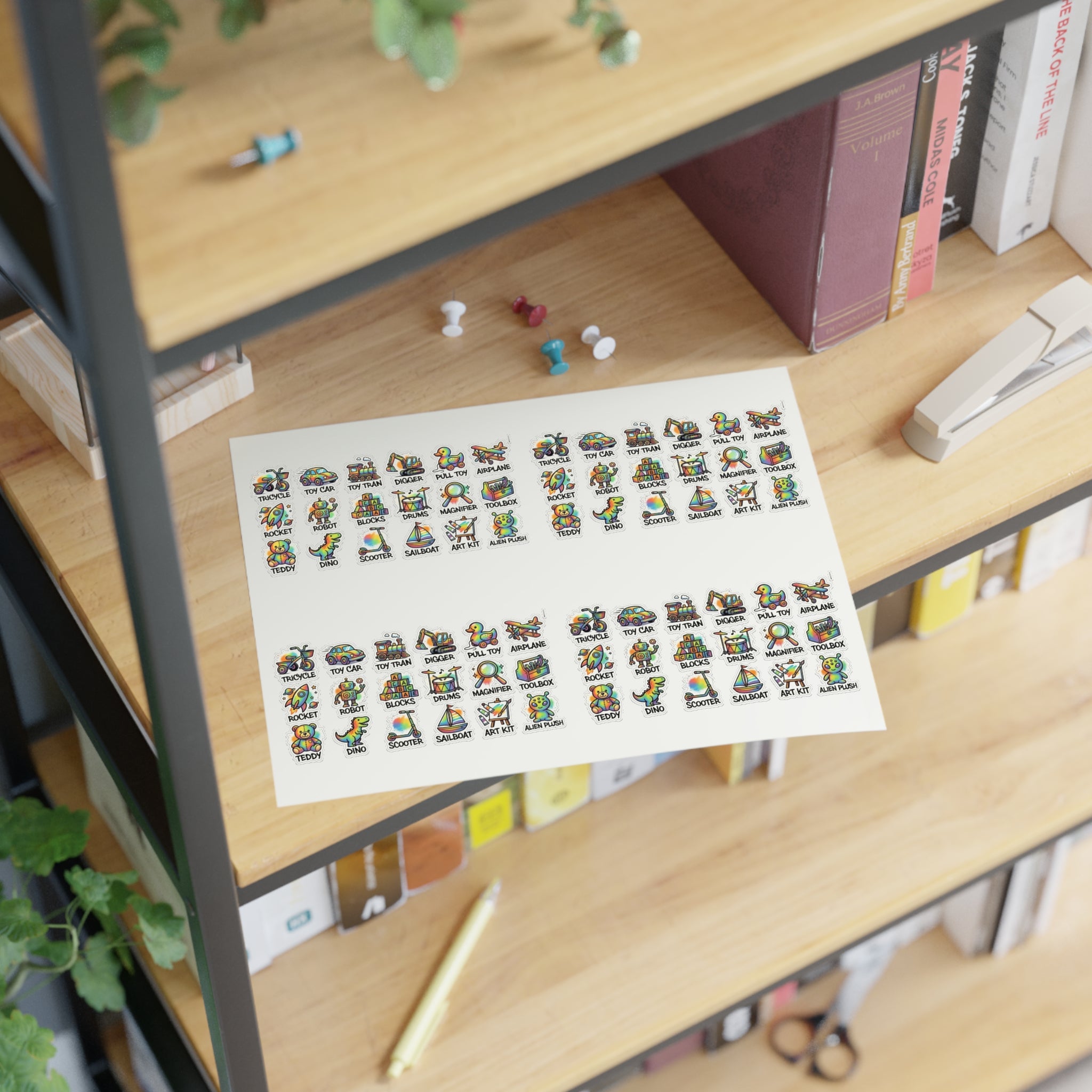Toy icon sticker sheet, die-cut labels with colorful toy icons on a rectangular sheet
