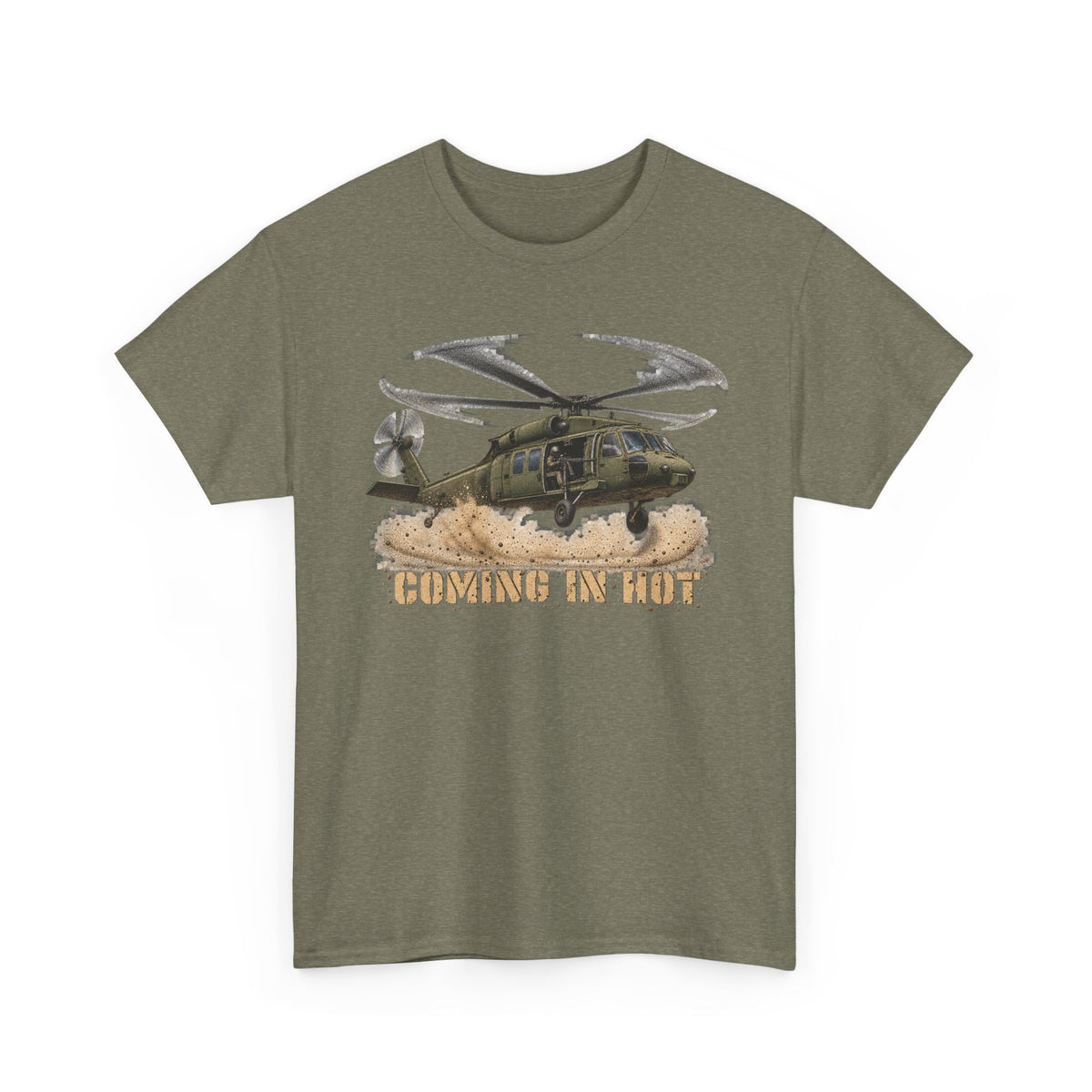 Olive green crewneck T-shirt with helicopter graphic print