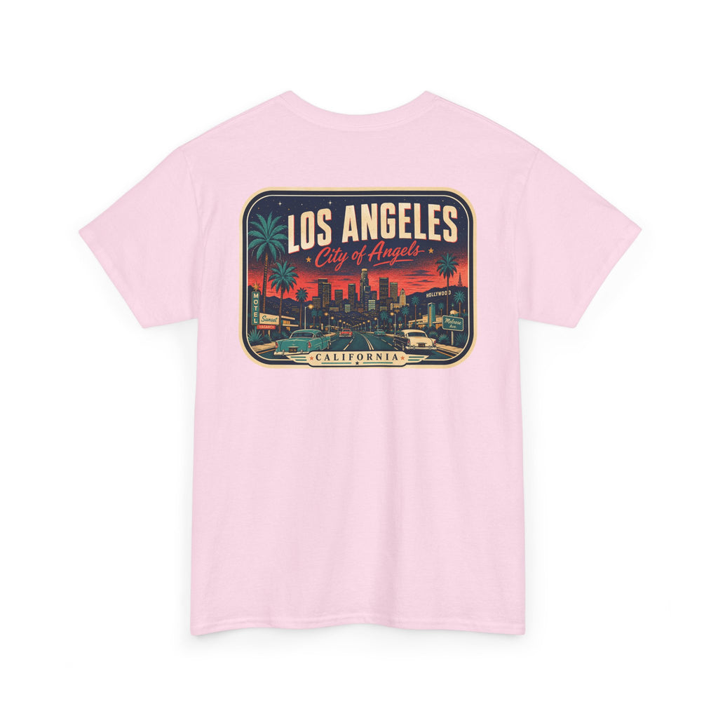 Pink Los Angeles skyline luggage tag graphic T-shirt, crew neck, short sleeves