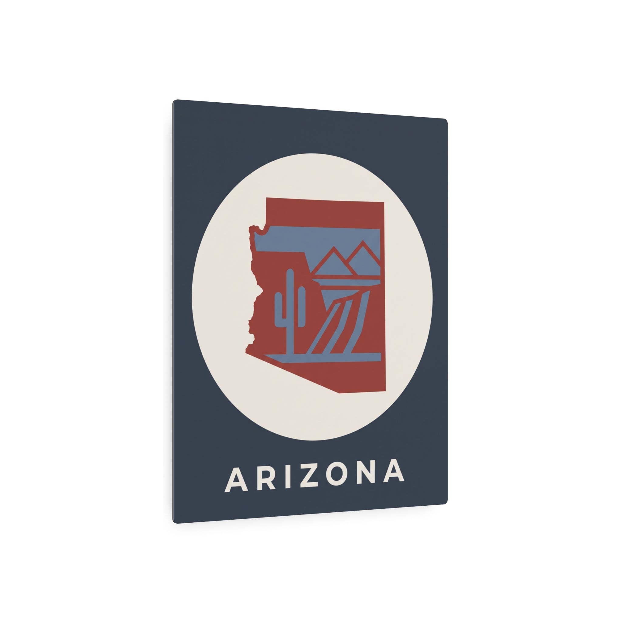 Arizona state cactus metal art sign, dark blue square with beige circle and red 'ARIZONA' text