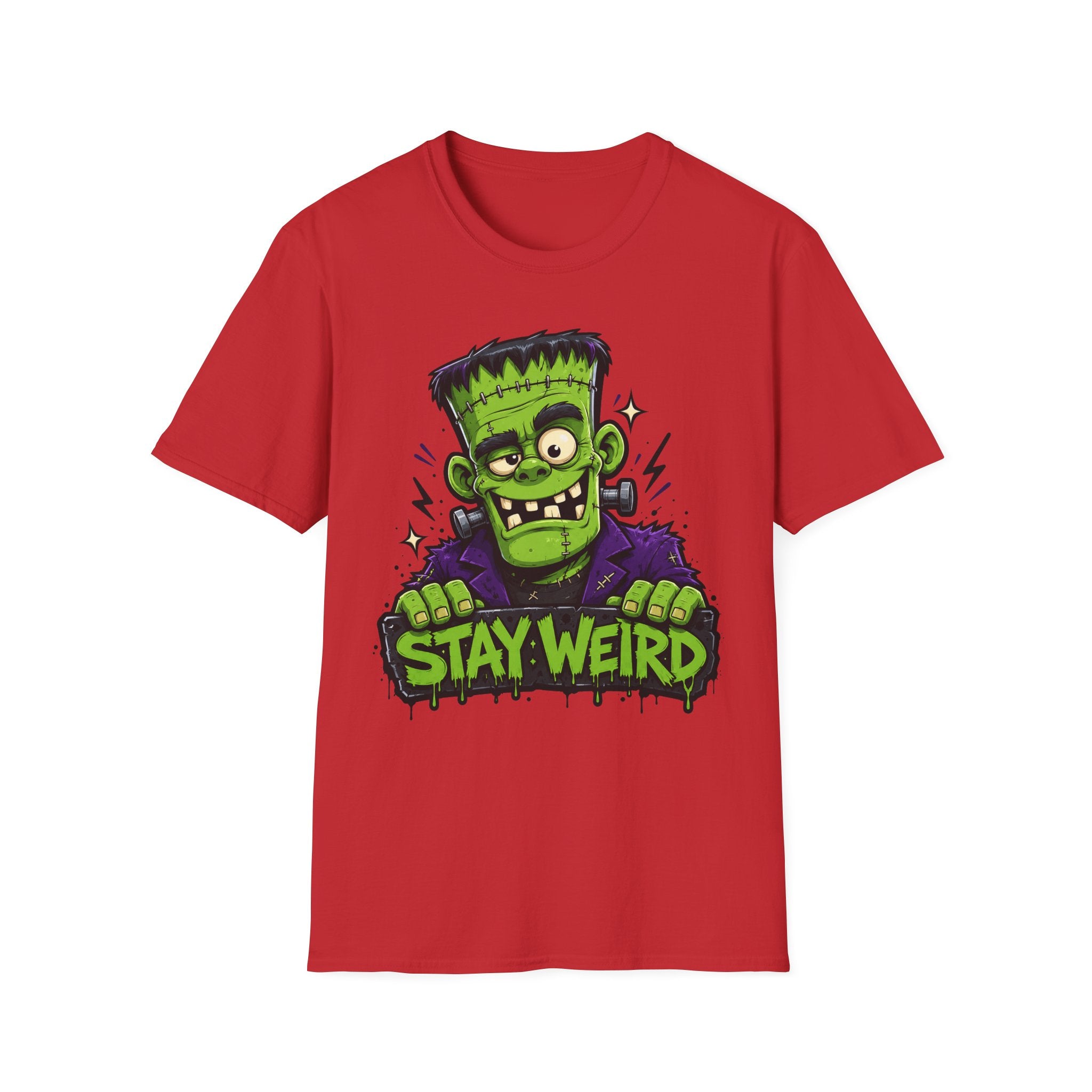 Red crewneck T-shirt featuring a cartoon green monster 'STAY WEIRD' design.