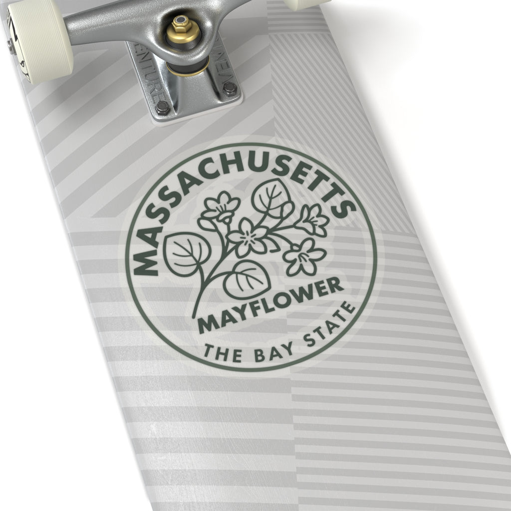 Massachusetts Mayflower state flower transparent vinyl sticker, circular with floral line art