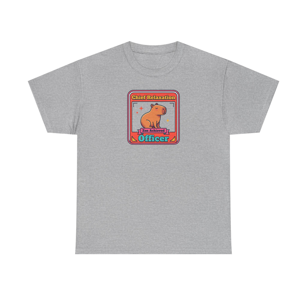 Gray t-shirt with framed capybara graphic reading “Chief Relaxation Officer”.