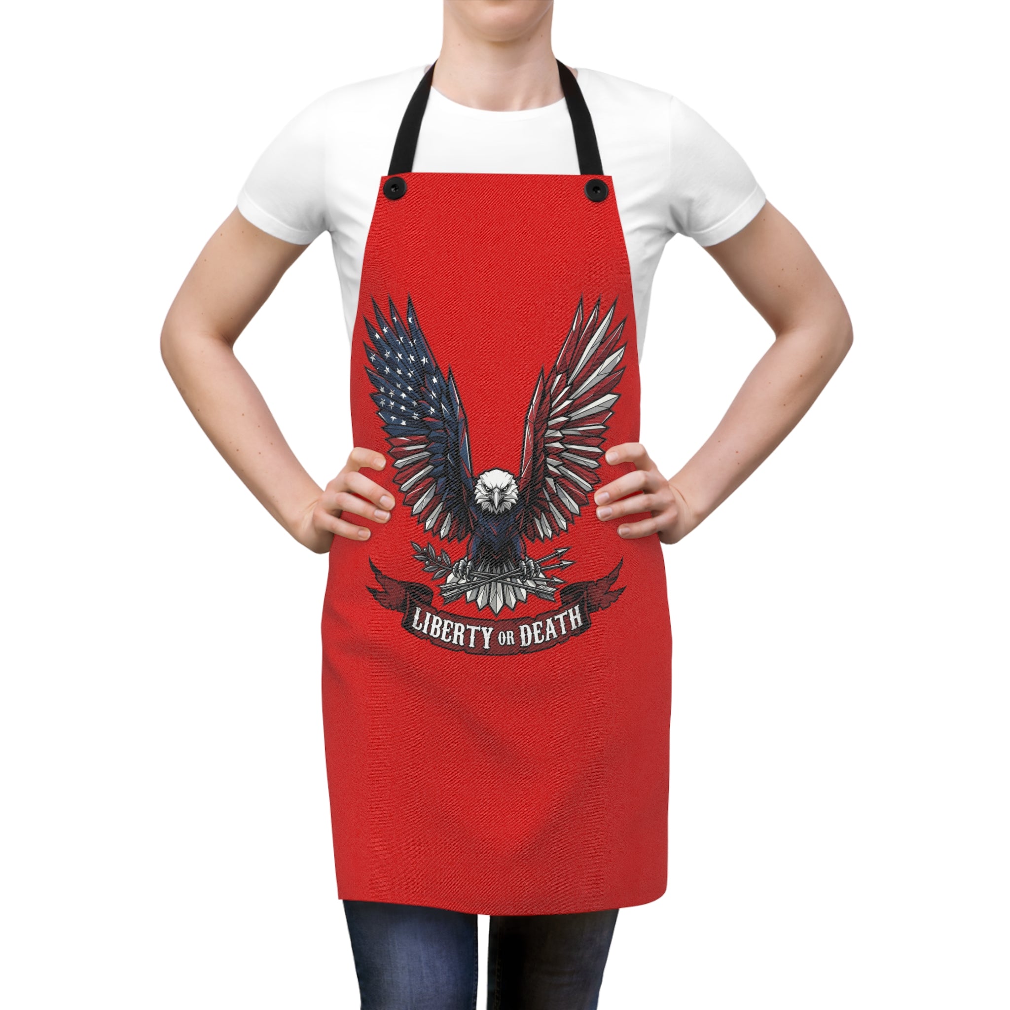 Red Liberty or Death eagle apron worn by model with black neck straps
