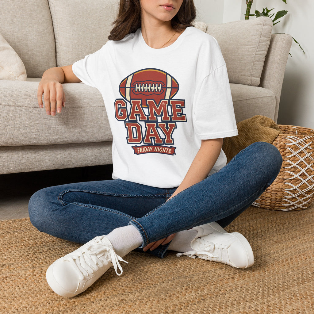 White football fan T-shirt with “GAME DAY” football graphic on the chest