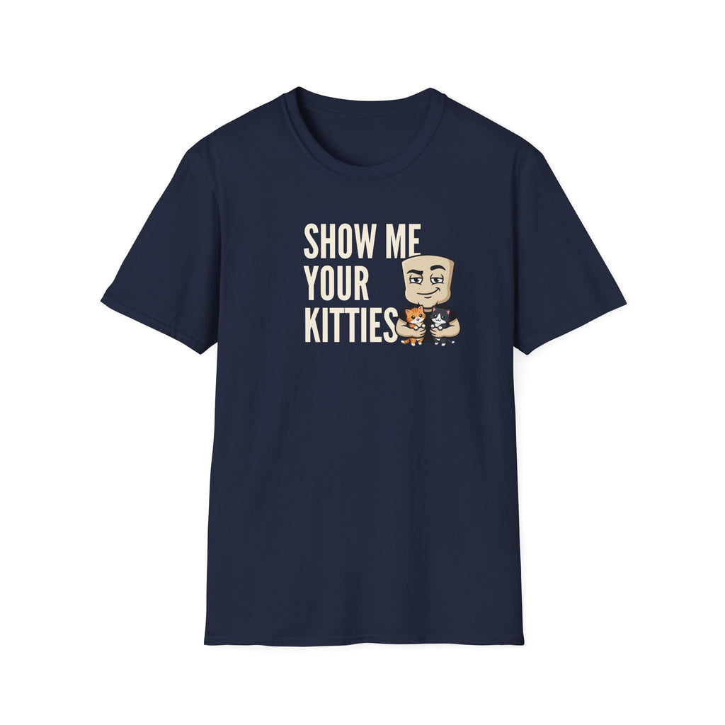 Navy T-shirt with "Show Me Your Kitties" cat character graphic