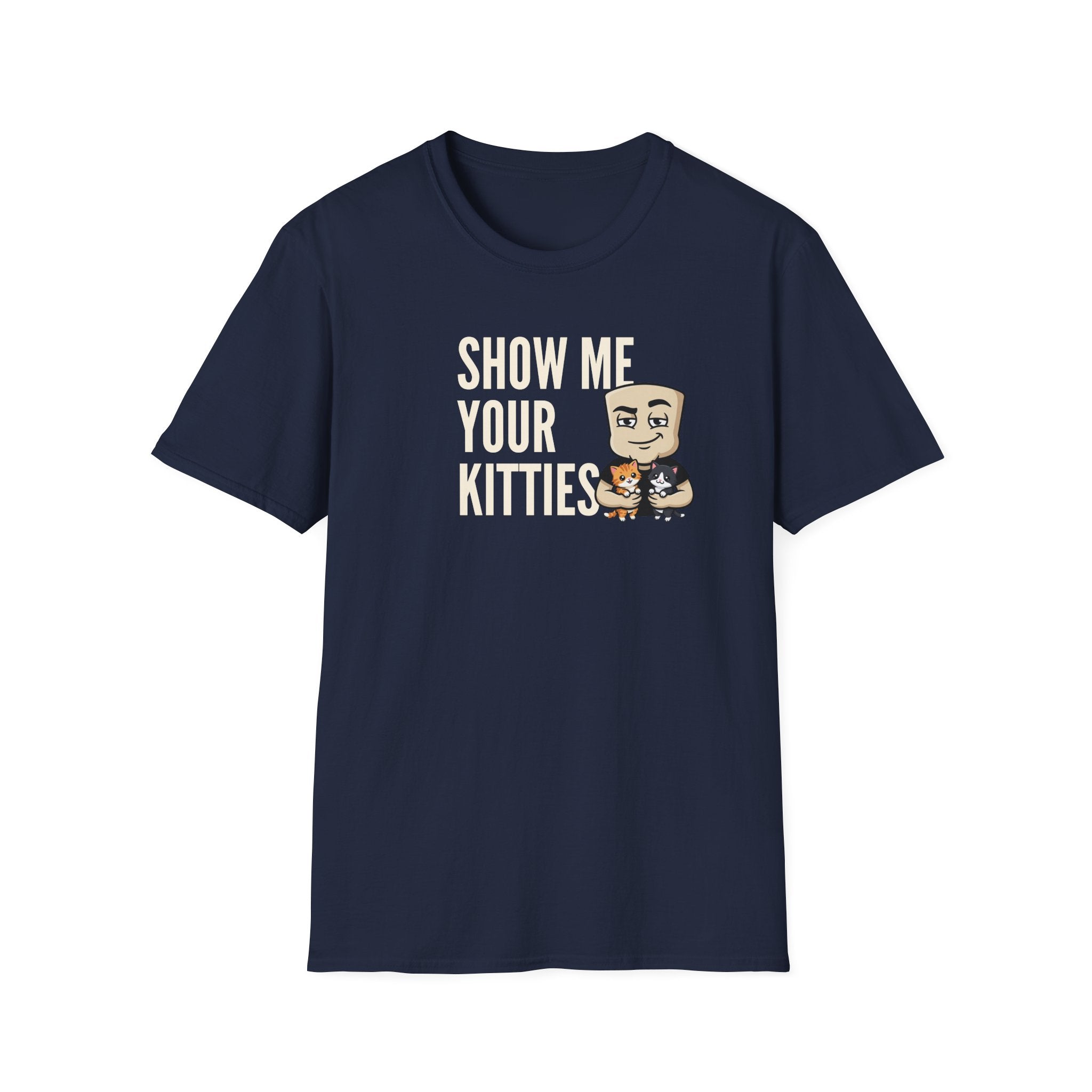 Navy T-shirt with "Show Me Your Kitties" cat character graphic