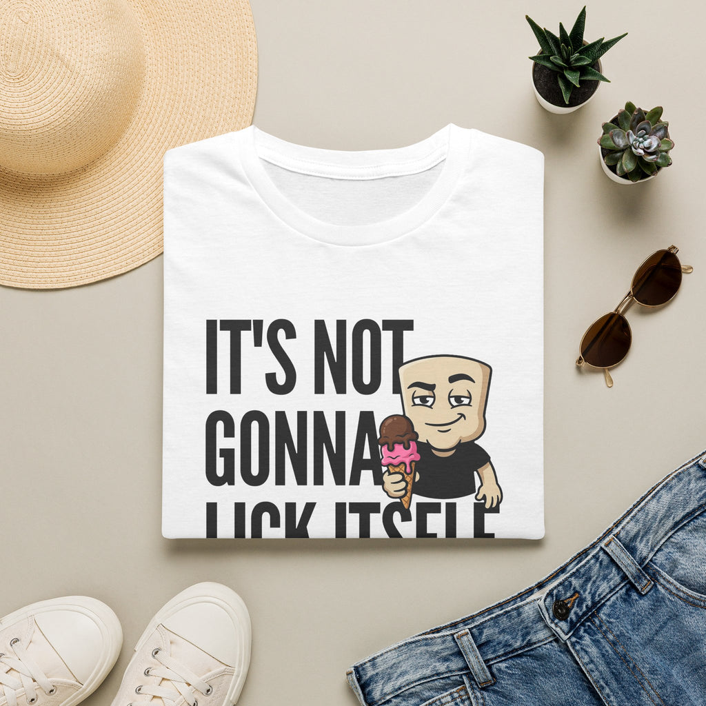 White T-shirt with 'IT'S NOT GONNA' text and cartoon ice cream character.